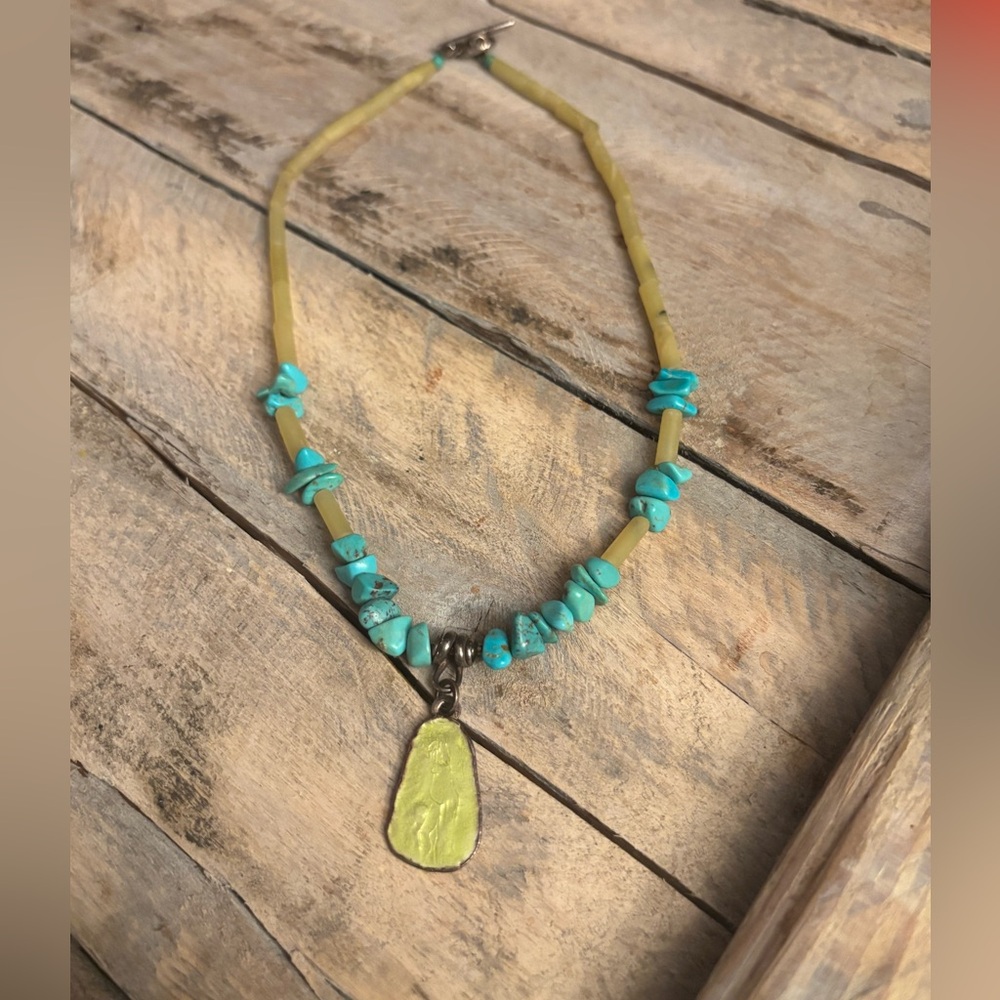 Artisan Turquoise and Sterling Silver Chartreuse Enamel Pendant